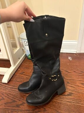 MICHAEL Michael Kors Black Mid-Calf Heeled Riding Boots with Gold Hardware